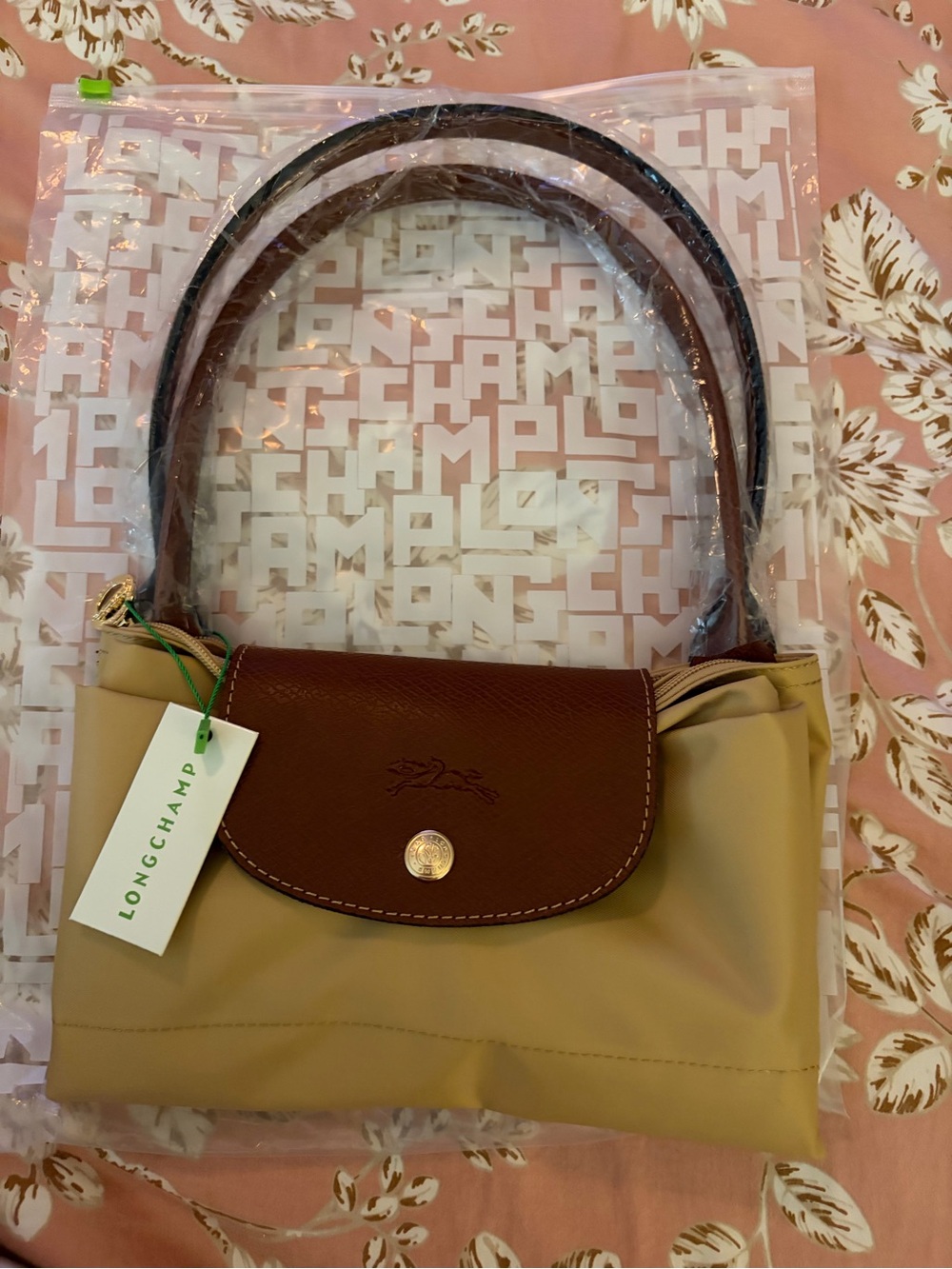 Longchamp Beige Shoulder Bag with Brown Leather Flap- NWT